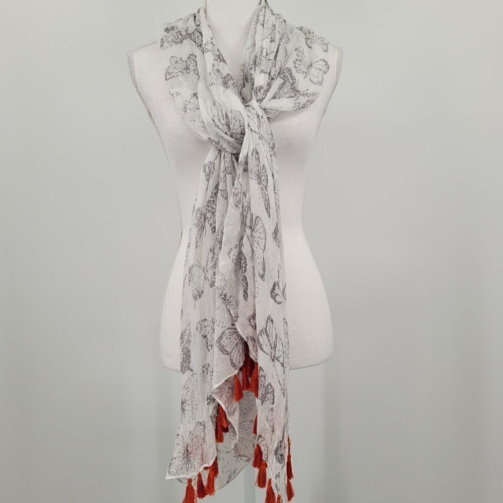 Butterfly Scarf/Wrap with Orange Tassels